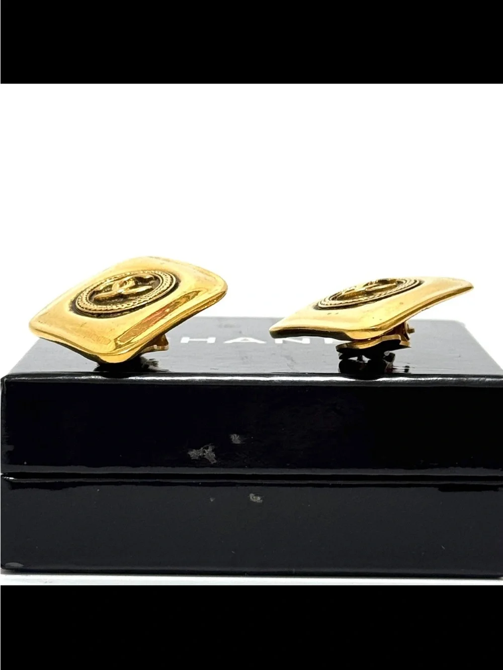 CHANEL Gold Tone Square CC Logo Clip Earrings. PREOWNED.